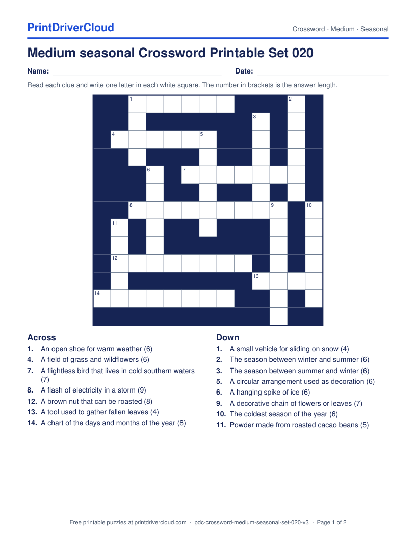 Medium Seasonal Crossword Printable Set 020 preview