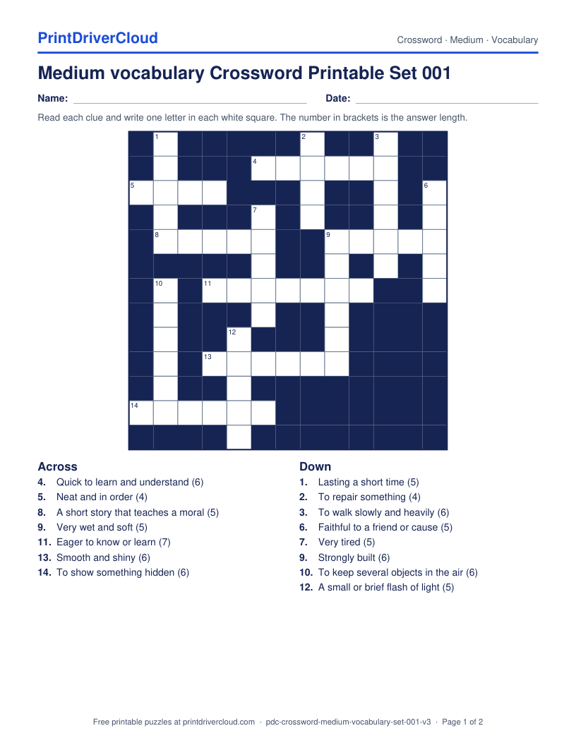 Medium Vocabulary Crossword Printable Set 001 preview
