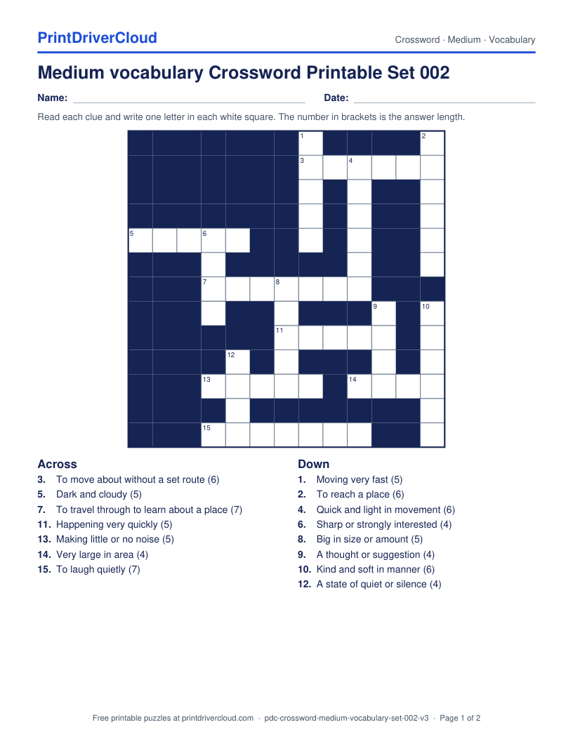 Medium Vocabulary Crossword Printable Set 002 preview