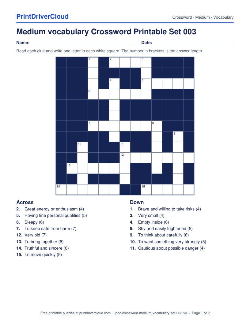 Medium Vocabulary Crossword Printable Set 003 preview