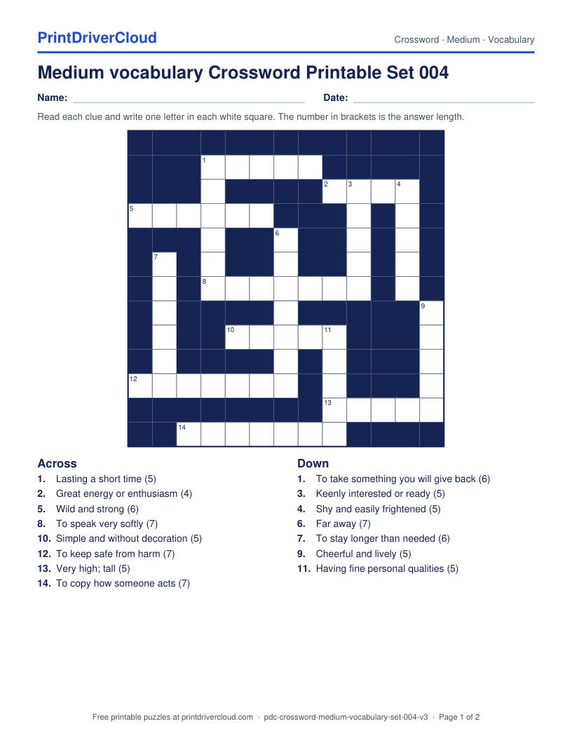 Medium Vocabulary Crossword Printable Set 004 preview