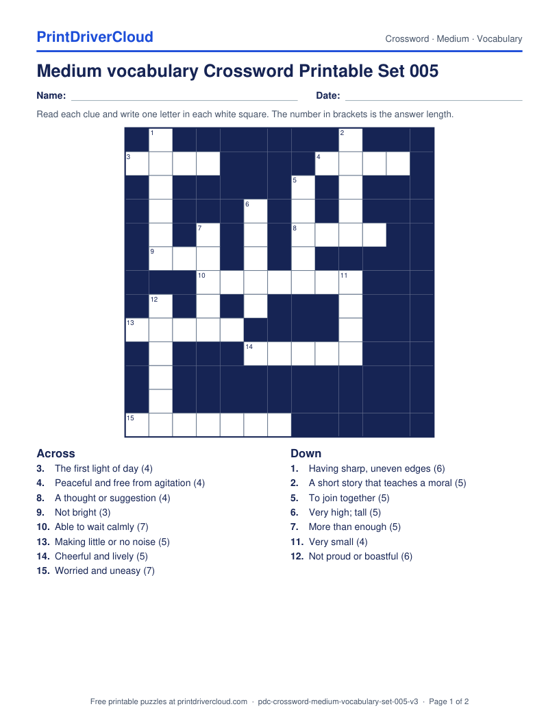 Medium Vocabulary Crossword Printable Set 005 preview