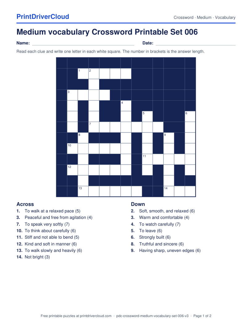 Medium Vocabulary Crossword Printable Set 006 preview