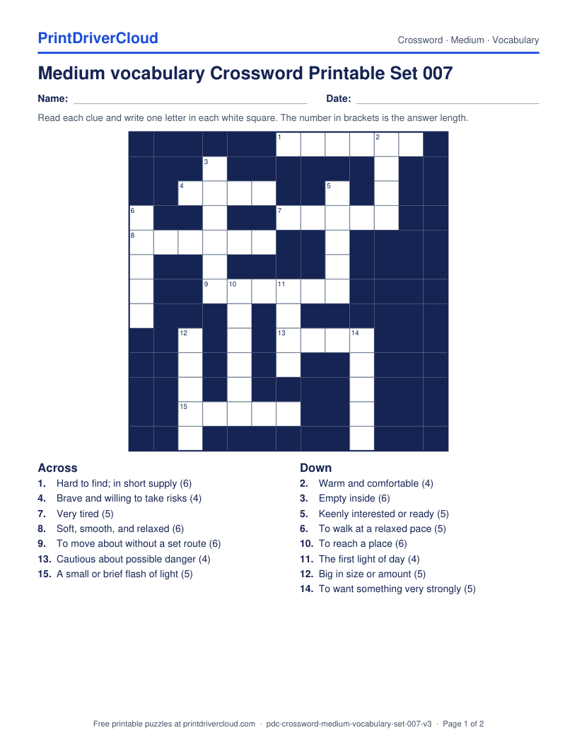 Medium Vocabulary Crossword Printable Set 007 preview
