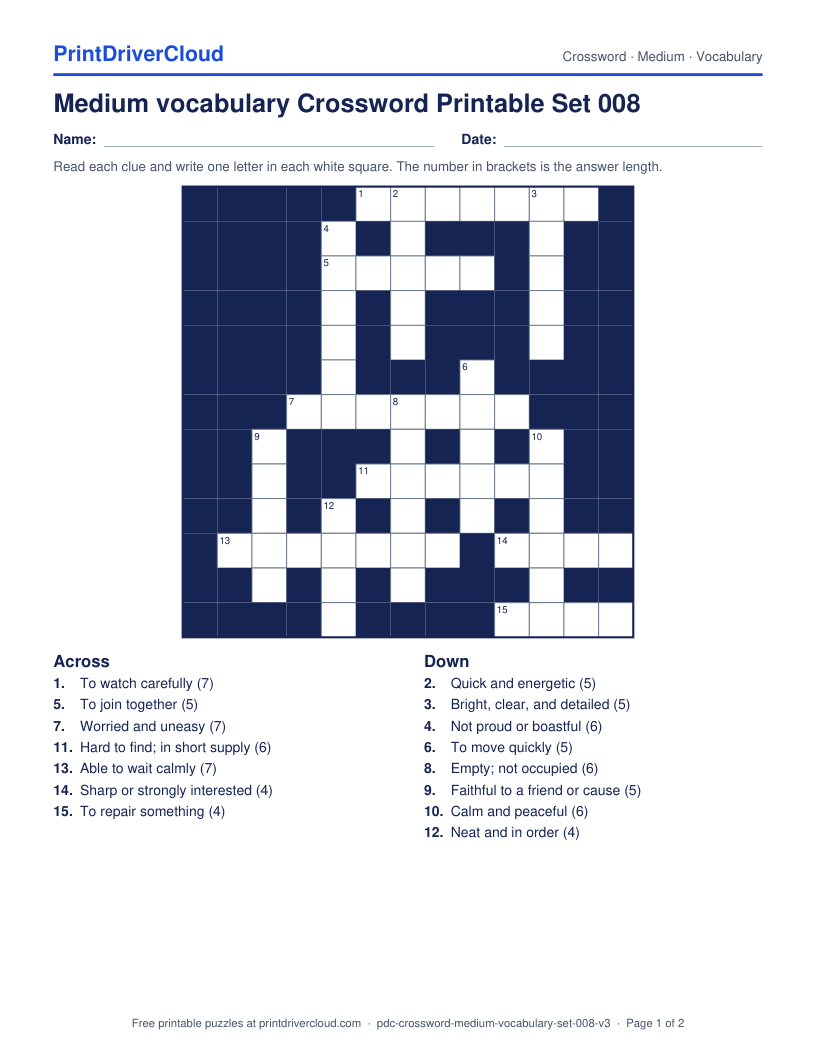 Medium Vocabulary Crossword Printable Set 008 preview
