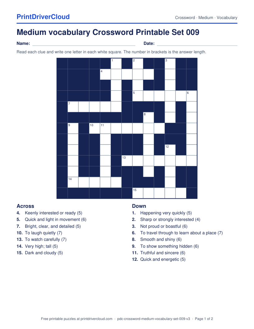Medium Vocabulary Crossword Printable Set 009 preview
