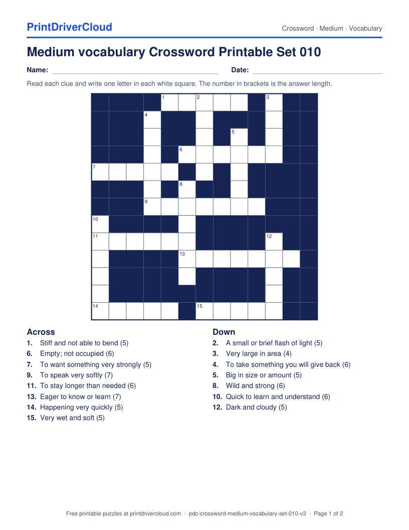 Medium Vocabulary Crossword Printable Set 010 preview