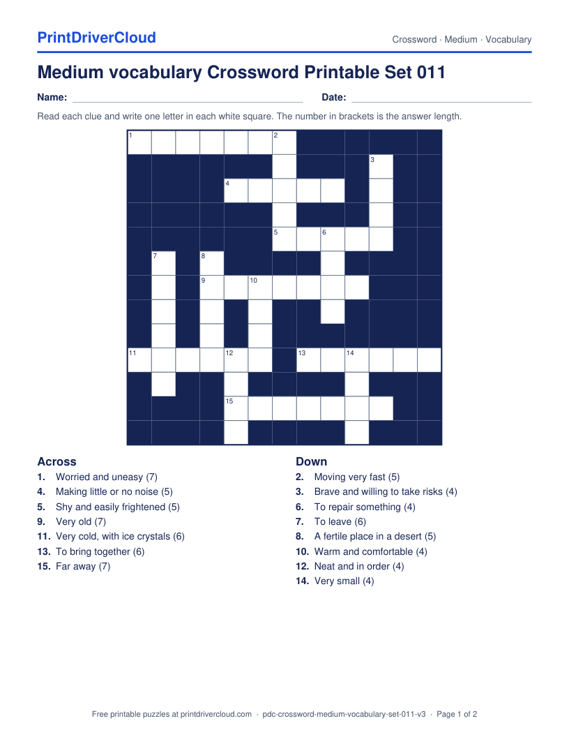 Medium Vocabulary Crossword Printable Set 011 preview
