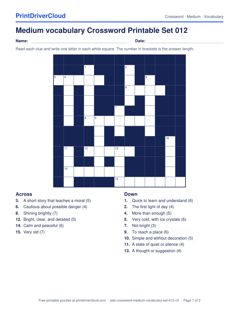 Medium Vocabulary Crossword Printable Set 012 preview