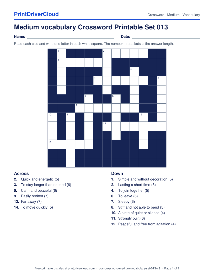 Medium Vocabulary Crossword Printable Set 013 preview