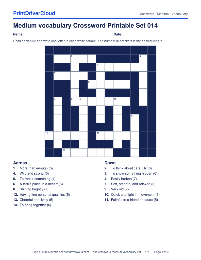 Medium Vocabulary Crossword Printable Set 014 preview