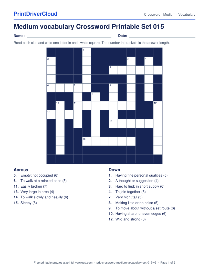Medium Vocabulary Crossword Printable Set 015 preview