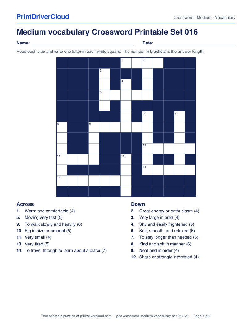 Medium Vocabulary Crossword Printable Set 016 preview