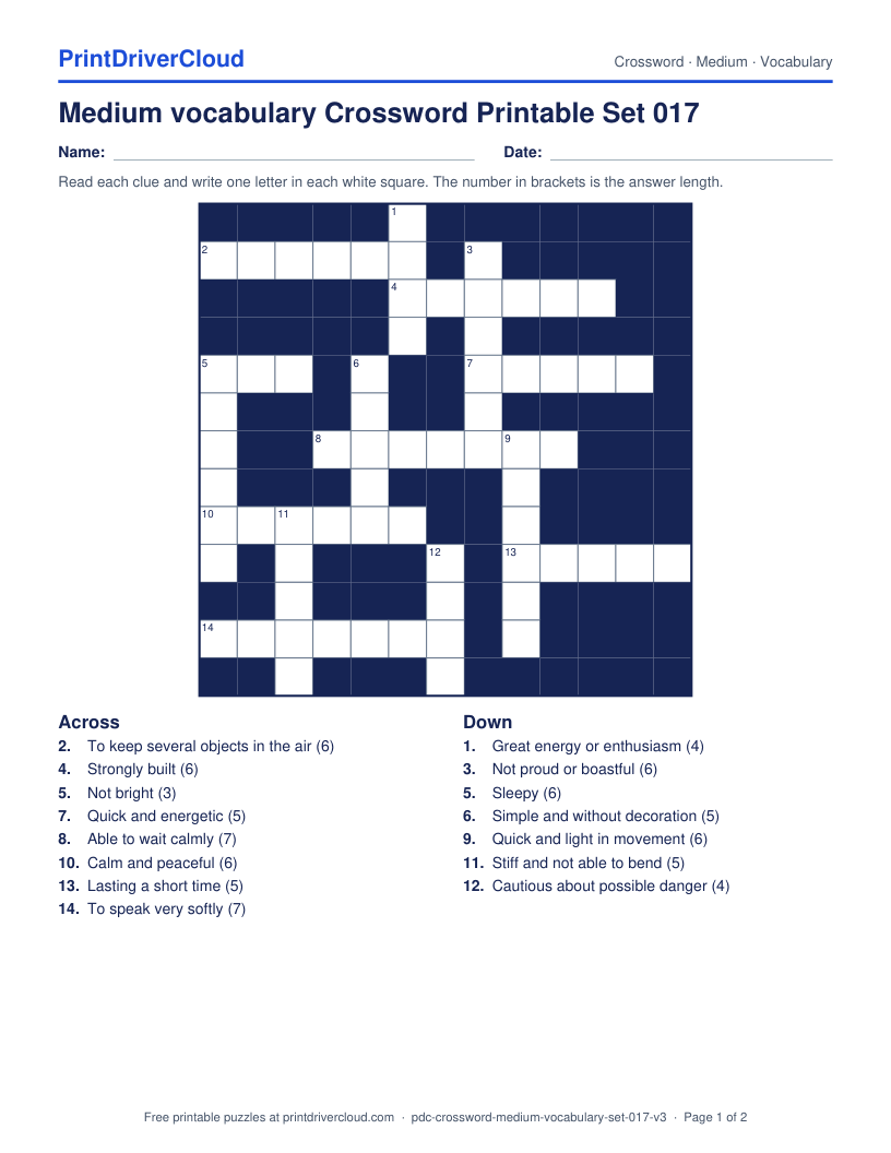 Medium Vocabulary Crossword Printable Set 017 preview