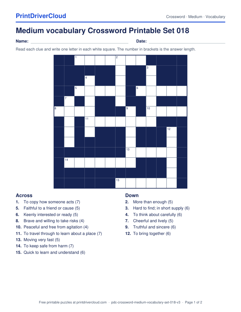 Medium Vocabulary Crossword Printable Set 018 preview