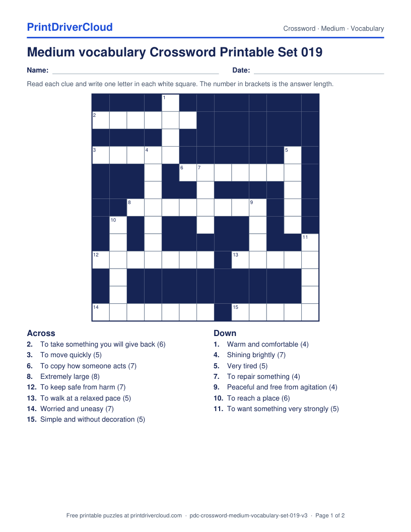 Medium Vocabulary Crossword Printable Set 019 preview
