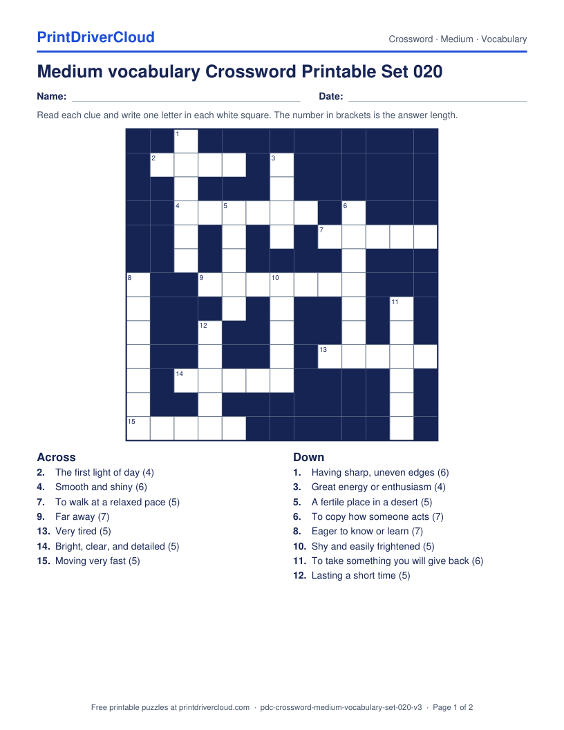 Medium Vocabulary Crossword Printable Set 020 preview