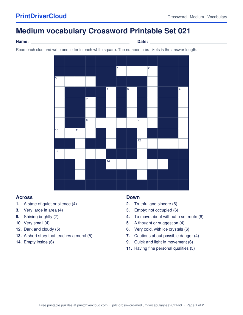 Medium Vocabulary Crossword Printable Set 021 preview
